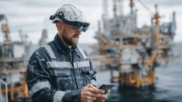 Augmented reality glasses enable remote operation of heavy machinery on an offshore oil rig, with 5G antennas ensuring seamless data transmission.