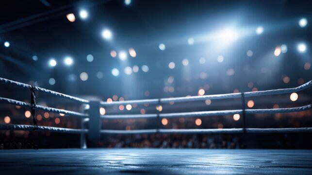 A brightly lit boxing ring awaits competitors in a packed arena, with spotlights and an eager audience in the background