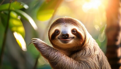 Fototapeta premium smiling sloth waving slowly tropical sun creating soft lens flare nature setting