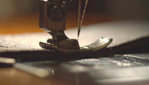Close-up of vintage sewing machine needle in action threading fabric &ndash; warm light industrial scene