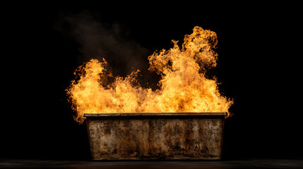 Inferno: Metal container engulfed in flames, intense heat, and dramatic contrast. A striking visual of destruction, power, and transformation.