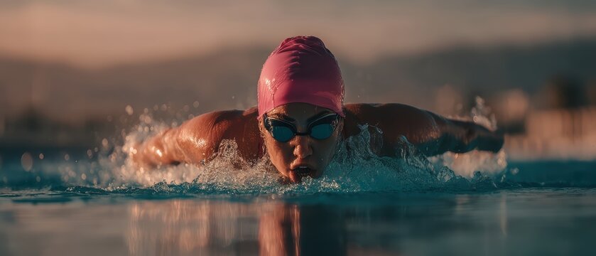 A swimmer in a pink cap and goggles powers through the water at sunrise, focused and determined during a swim workout