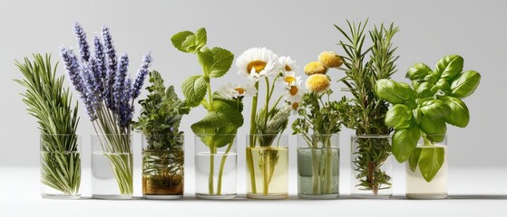 A row of various fresh herbs and flowers arranged in clear glass containers on a white background
