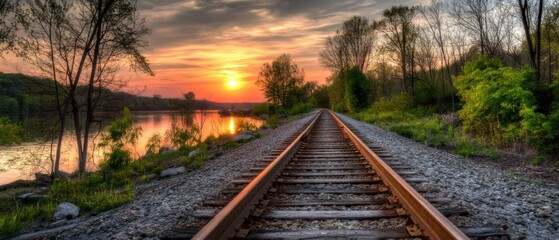 Obraz premium Railroad tracks lead into a vibrant sunset, flanked by trees and a calm river, creating a tranquil and scenic landscape