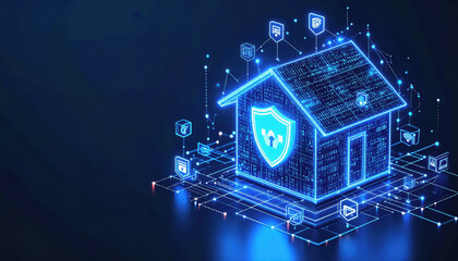 A residential house with a protective shield symbolizing blockchain smart home security featuring copy space for text for marketing