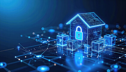 Smart home security system with blockchain technology displayed against a bright blue background for modern living