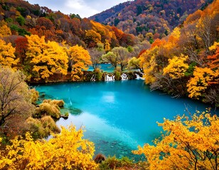 Vibrant autumn foliage reflecting on turquoise waters of stunning mountain lake scene