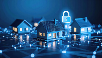 House with padlock on top representing a secure encrypted home network with ample copy space for text and branding