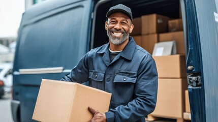 A smiling delivery worker holds a cardboard box in front of a van filled with packages, ready for distribution