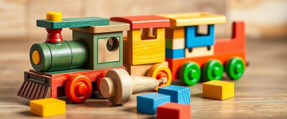 Obraz premium Colorful wooden toy train with blocks & mallet, ready for play, montessori toy, building blocks