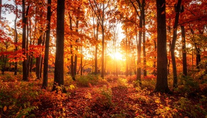 Fototapeta premium Autumn sunbeams through a vibrant forest