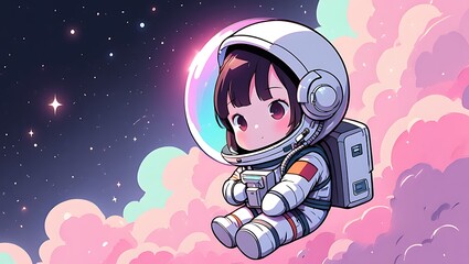 Cute Astronaut Girl in Space with Pink Clouds