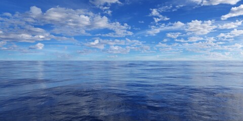Obraz premium Daylight calm ocean seascape with fluffy white clouds on blue sky, tourism or travel template background, selective focus