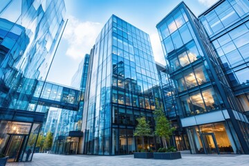 Obraz premium Modern glass office buildings with reflective surfaces and trees in an urban business district under a blue sky