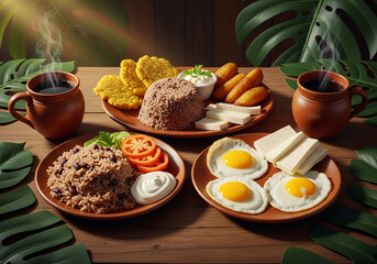Traditional Nicaraguan Gallo Pinto Breakfast with Plantains and Coffee