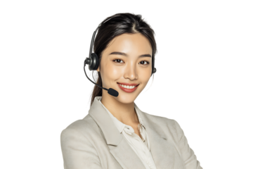 Smiling customer service agent wearing headset.