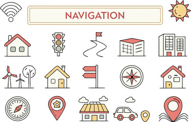 Collection of navigation and travel related icons