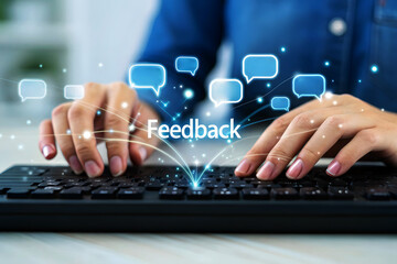 Person typing feedback on keyboard with glowing chat bubbles