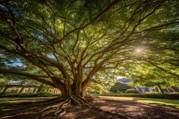Naklejka premium A majestic, sprawling tree with thick branches and lush green leaves spreads wide in a sunlit garden, creating a natural canopy over the ground