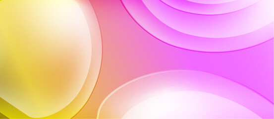 Abstract background features layered circles, gradients. Colors include yellow, pink, white. Smooth shapes create modern visual effect.