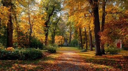 Obraz premium Golden and red leaves scatter across a peaceful park landscape, creating a warm and inviting autumn atmosphere. 