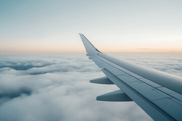 Obraz premium Aerial View: Airplane wing soaring above a fluffy sea of clouds at dawn. Travel and adventure await, captured from the sky.