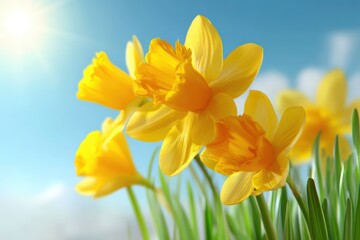 Obraz premium Bright yellow daffodils bloom under a clear blue sky with sunlight shining in the background