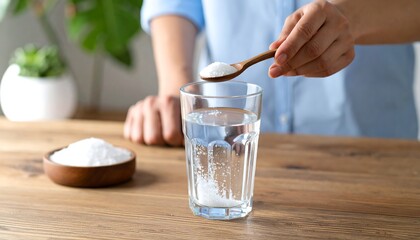 Person Adding Powder to Water in Glass on Wooden Table