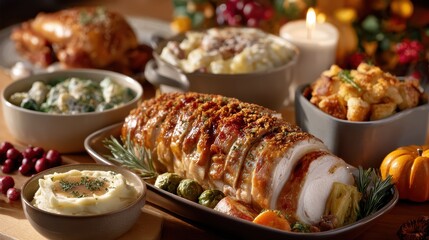 A festive dinner table featuring roasted turkey breast, mashed potatoes, stuffing, vegetables, and seasonal decorations, evoking a cozy holiday meal