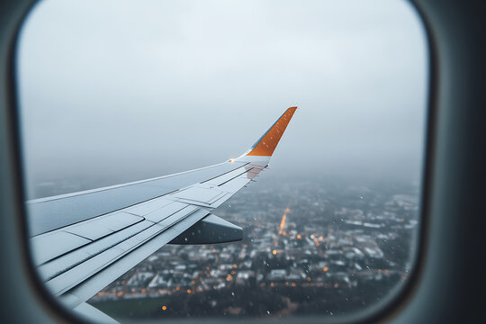 Aerial perspective from an airplane window showcasing the wing over a dimly lit cityscape during snowfall or rain, blurring the view with a touch of atmospheric mood.