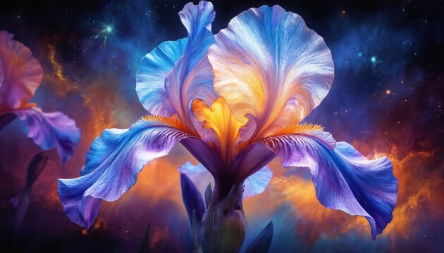 Close-up of blue iris flower in full bloom with vibrant blue petals, yellow centers. Striking contrast created by multicolored hues of orange, purple. Magical, surreal appearance with blurred - Powered by Adobe