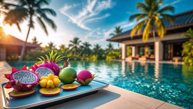 Exotic fruits by a sparkling pool, inviting relaxation on a sunny day.