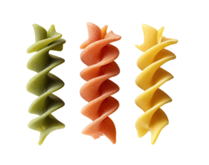 Three strands of spiral pasta, different colors