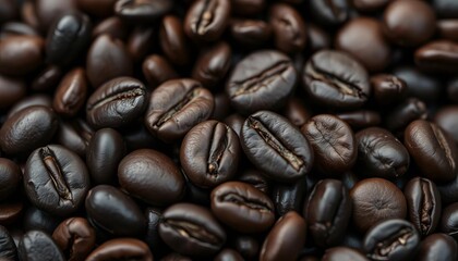 Fototapeta premium Dark roasted coffee beans, close-up, rich brown tones, textured surface, still life, grain