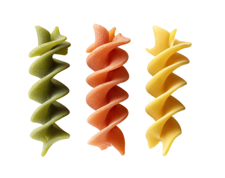 Three strands of spiral pasta, different colors