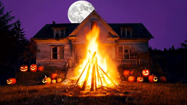 Spooky Halloween Night Scene with Haunted House, Bonfire, Pumpkins, and Full Moon for Festive