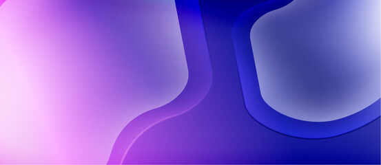 Abstract background features flowing purple, blue gradients. Smooth shapes create modern, dynamic visual effect. Minimalist design.