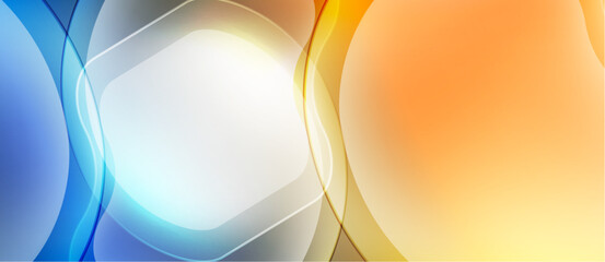 Abstract background features flowing shapes, gradients. Blue transitions to orange, creating dynamic visual effect. Soft light highlights curves.