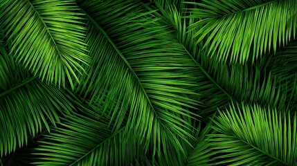 Palm leaves form an intricate pattern against a tropical rainforest background, with lush greenery creating a vibrant, exotic scene that evokes the serene beauty of dense jungle foliage.