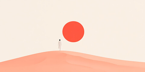 Solitude and a Bold Red Circle: A figure walks toward a striking red circle in a minimalist landscape, symbolizing dreams, challenges, or a unique perspective.