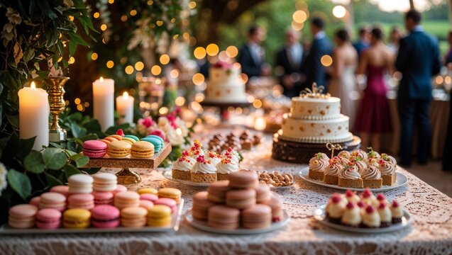 Elegant dessert table at a wedding reception, with delicious treats and soft lighting.