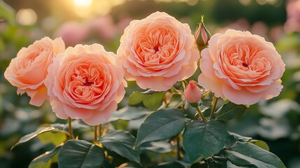 Three peach-colored roses in a garden setting.