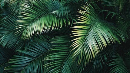 Palm leaves form an intricate pattern against a tropical rainforest background, with lush greenery creating a vibrant, exotic scene that evokes the serene beauty of dense jungle foliage.