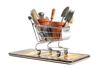 Gardening tools in a shopping cart on a tablet.