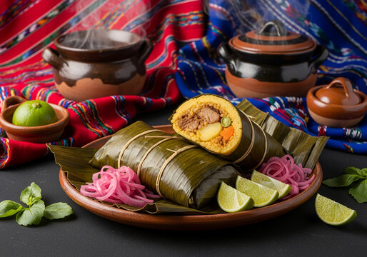 Nicaraguan Nacatamal Wrapped in Banana Leaves with Festive Setting