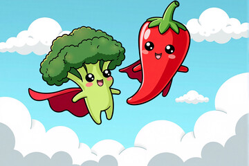 Superhero broccoli and chili pepper characters with capes fly through sky. Fun cartoon illustration promotes healthy eating, power foods, and super strength for kids