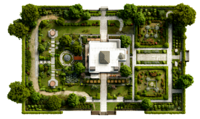 Top-Down View of White Cottage with Lush Green Garden Layout, Architectural Style, Isolated on Transparent Background