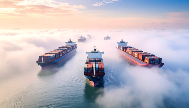 Container ship fleet sailing through foggy sea at sunrise with colorful sky and calm water creating peaceful atmosphere