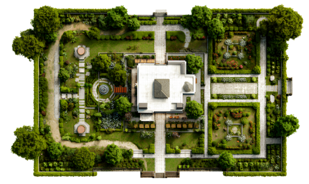 Top-Down View of White Cottage with Lush Green Garden Layout, Architectural Style, Isolated on Transparent Background