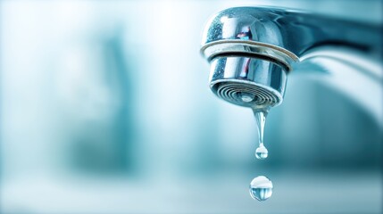 A close-up of a water droplet falling from a shiny metal faucet with a soft blue background